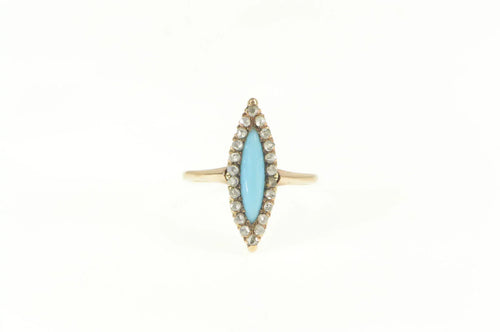 10K Victorian Marquise Turquoise Rose Diamond Ring Yellow Gold