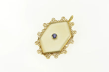 Load image into Gallery viewer, 14K Camphor Glass Filigree Trim Sapphire Pendant Yellow Gold