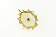 Load image into Gallery viewer, 14K Camphor Glass Filigree Trim Sapphire Pendant Yellow Gold