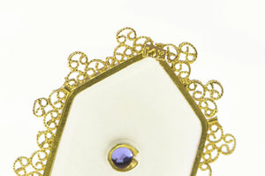 14K Camphor Glass Filigree Trim Sapphire Pendant Yellow Gold