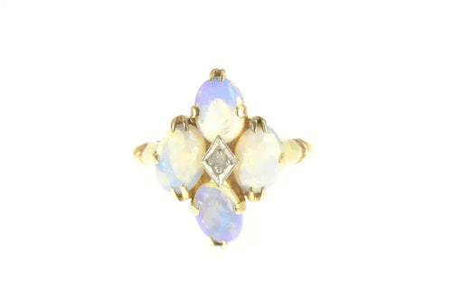 10K Oval Opal Cabochon Diamond Cocktail Ring Yellow Gold