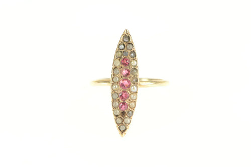 14K Victorian Ruby Seed Pearl Navette Ring Yellow Gold