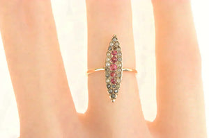 14K Victorian Ruby Seed Pearl Navette Ring Yellow Gold