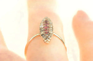 14K Victorian Ruby Seed Pearl Navette Ring Yellow Gold