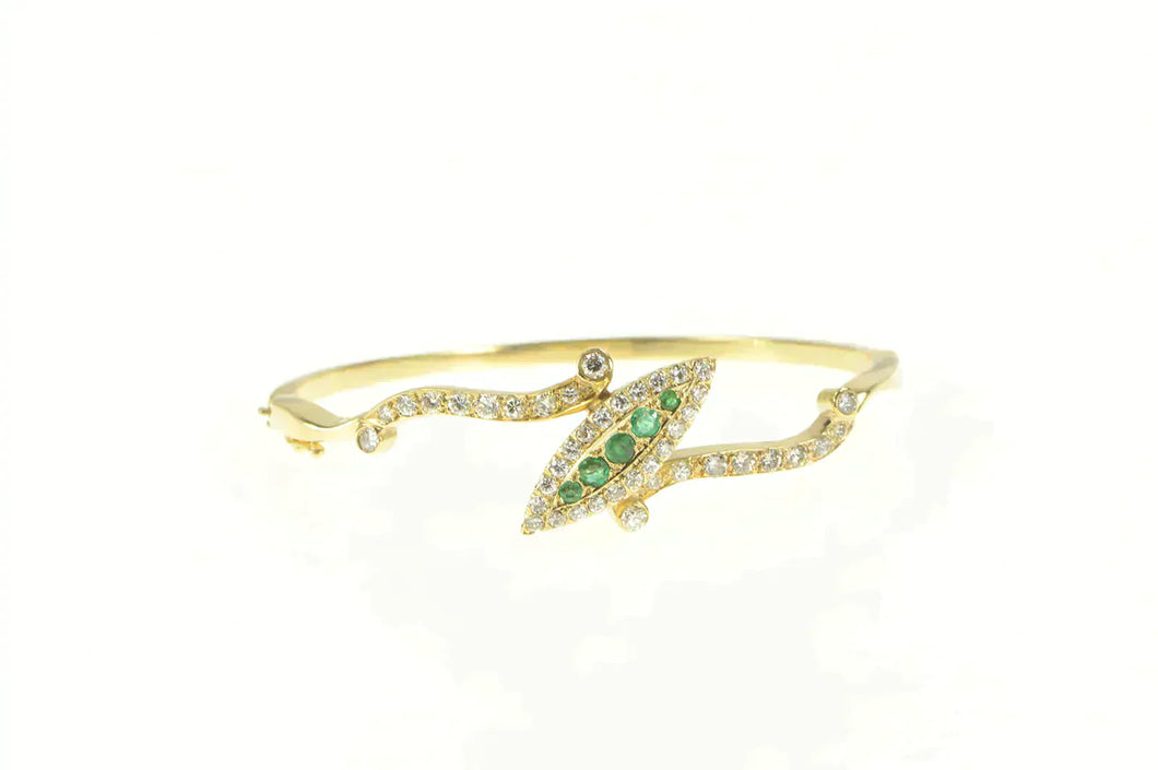 14K 2.00 Ctw Navette Emerald Diamond Bangle Bracelet 6.5