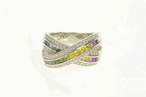14K 3.35 Ctw Rainbow Sapphire Diamond X Men's Ring White Gold