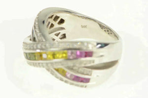 14K 3.35 Ctw Rainbow Sapphire Diamond X Men's Ring White Gold