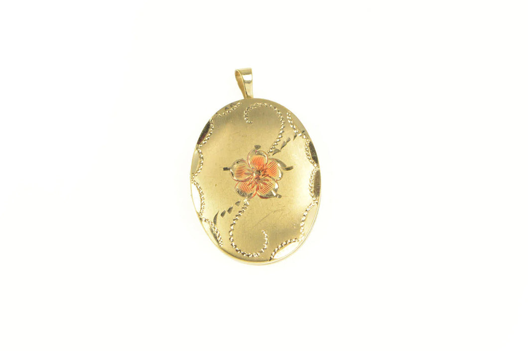 Gold Filled Orange Enamel Flower Oval Photo Locket Pendant