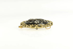 Gold Filled Victorian Black Onyx Seed Pearl Floral Mourning Pin/Brooch