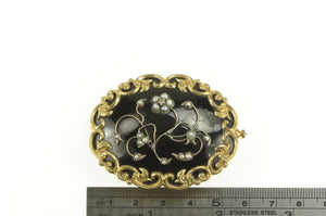 Gold Filled Victorian Black Onyx Seed Pearl Floral Mourning Pin/Brooch