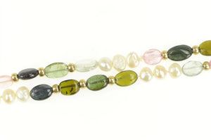 14K Watermelon Tourmaline Pearl Beaded Statement Necklace 38" Yellow Gold