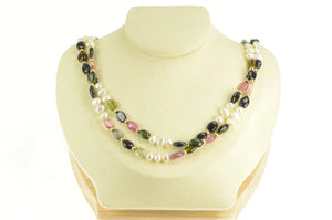 14K Watermelon Tourmaline Pearl Beaded Statement Necklace 38" Yellow Gold