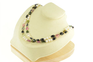 14K Watermelon Tourmaline Pearl Beaded Statement Necklace 38" Yellow Gold