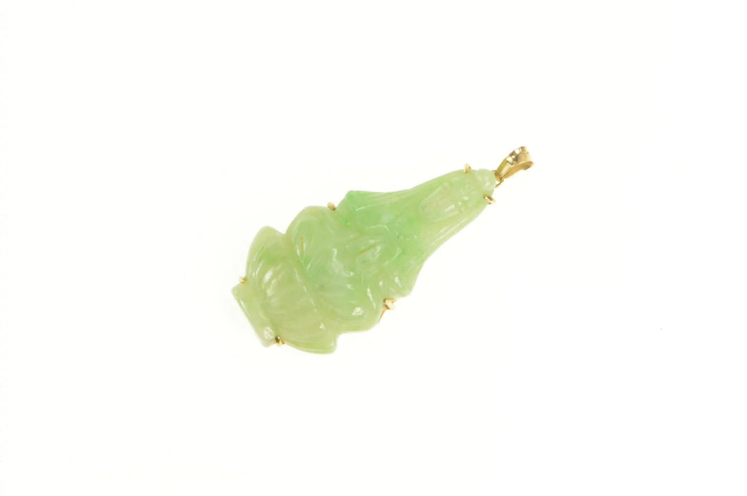 14K Carved Chinese Jade Figure Statement Pendant Yellow Gold