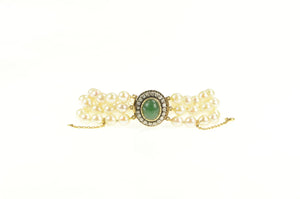 14K Victorian English Pearl Rose Cut Diamond Nephrite Bracelet 7" Yellow Gold