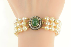 14K Victorian English Pearl Rose Cut Diamond Nephrite Bracelet 7" Yellow Gold