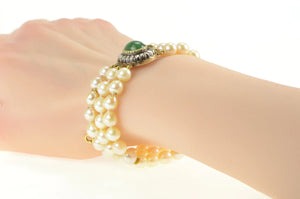 14K Victorian English Pearl Rose Cut Diamond Nephrite Bracelet 7" Yellow Gold