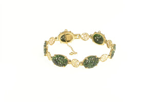 14K Nephrite Floral Carved Stone Chinese Bracelet 7" Yellow Gold
