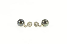 Load image into Gallery viewer, 14K 5.6mm Round Black Pearl Diamond Dangle Earrings White Gold