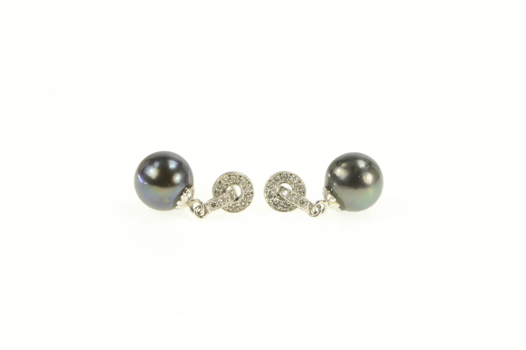 14K 5.6mm Round Black Pearl Diamond Dangle Earrings White Gold