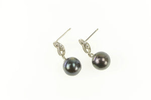 14K 5.6mm Round Black Pearl Diamond Dangle Earrings White Gold