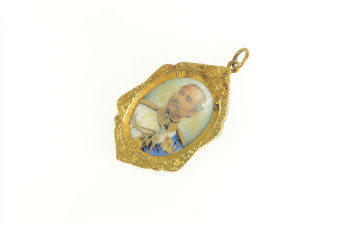 14K Elaborate Painted Japanese Soldier Engraved Pendant Yellow Gold