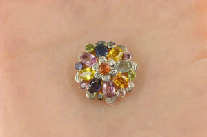 14K Round Natural Sapphire Diamond Flower Cluster Pendant Yellow Gold