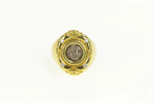 18K Ornate Diamond Ancient Greek Coin Statement Ring Yellow Gold