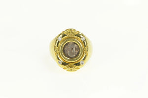 18K Ornate Diamond Ancient Greek Coin Statement Ring Yellow Gold