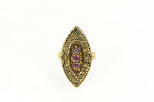 14K Victorian Tiered Rhodolite Garnet Navette Cocktail Ring Yellow Gold