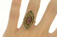 Load image into Gallery viewer, 14K Victorian Tiered Rhodolite Garnet Navette Cocktail Ring Yellow Gold