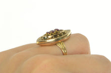 Load image into Gallery viewer, 14K Victorian Tiered Rhodolite Garnet Navette Cocktail Ring Yellow Gold