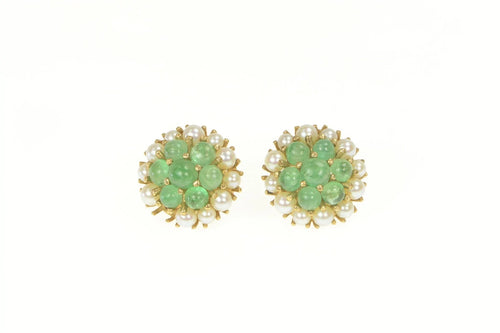 14K Victorian Emerald Seed Pearl Cluster Stud Earrings Yellow Gold