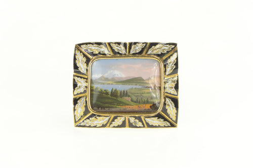 14K Victorian Mountain Valley Hand Painted Enamel Pin/Brooch Yellow Gold