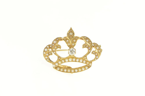 14K Victorian Diamond Seed Pearl Crown Pin/Brooch Yellow Gold