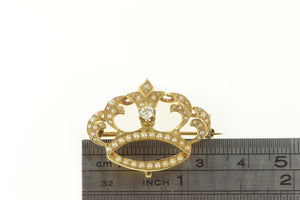 14K Victorian Diamond Seed Pearl Crown Pin/Brooch Yellow Gold