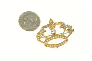 14K Victorian Diamond Seed Pearl Crown Pin/Brooch Yellow Gold