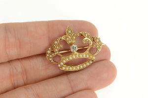 14K Victorian Diamond Seed Pearl Crown Pin/Brooch Yellow Gold