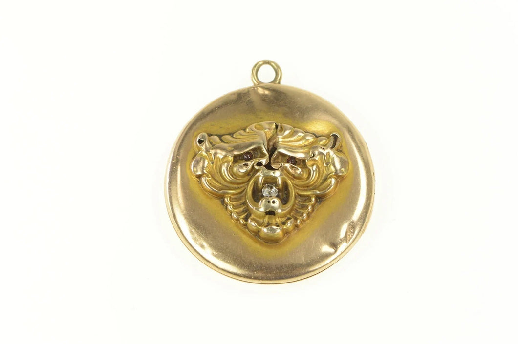 14K Georgian Lion Bear Diamond Photo Locket Pin/Brooch Yellow Gold