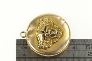 14K Georgian Lion Bear Diamond Photo Locket Pin/Brooch Yellow Gold