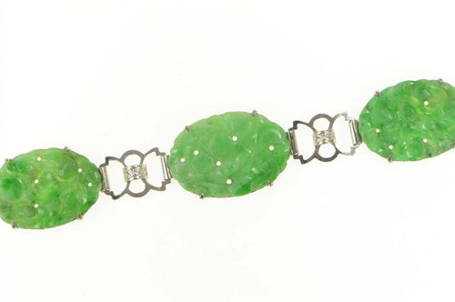 14K Carved Oval Floral Jade Elaborate Statement Bracelet 7.25