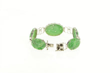 Load image into Gallery viewer, 14K Carved Oval Floral Jade Elaborate Statement Bracelet 7.25&quot; White Gold
