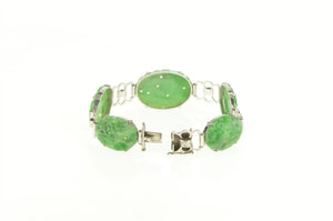14K Carved Oval Floral Jade Elaborate Statement Bracelet 7.25" White Gold