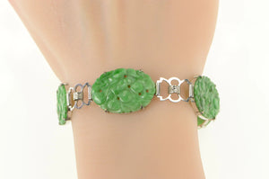 14K Carved Oval Floral Jade Elaborate Statement Bracelet 7.25" White Gold