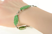 Load image into Gallery viewer, 14K Carved Oval Floral Jade Elaborate Statement Bracelet 7.25&quot; White Gold