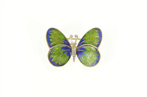 18K 1950's Diamond Blue Green Enamel Butterfly Pin/Brooch Yellow Gold