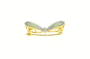 18K 1950's Diamond Blue Green Enamel Butterfly Pin/Brooch Yellow Gold