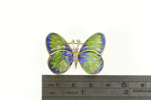 18K 1950's Diamond Blue Green Enamel Butterfly Pin/Brooch Yellow Gold