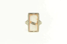 Load image into Gallery viewer, 14K Art Deco Filigree Carved Shell Cameo Diamond Ring White Gold