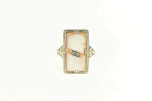 14K Art Deco Filigree Carved Shell Cameo Diamond Ring White Gold